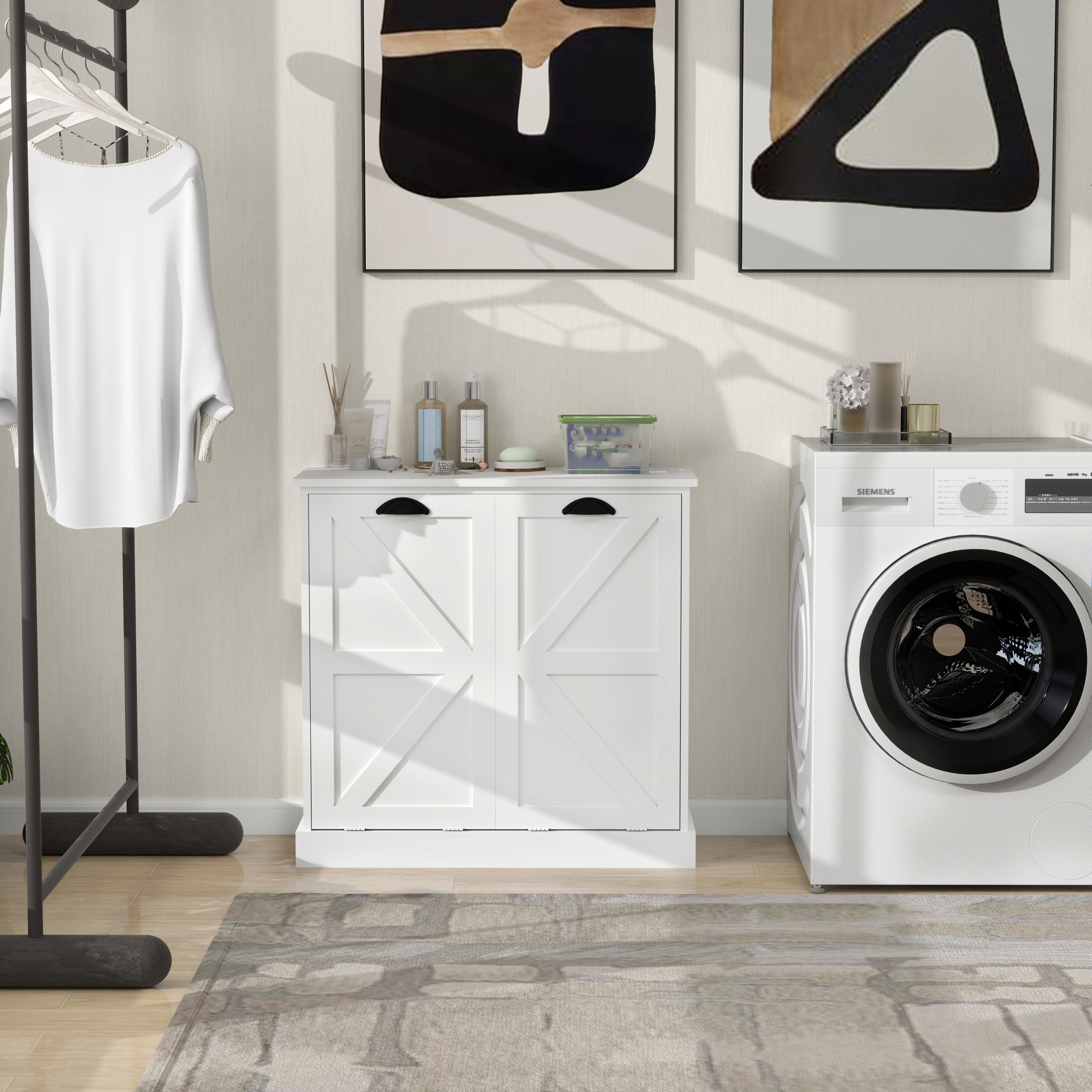 Two-Compartment Tilt-Out Laundry Sorter Cabinet-White