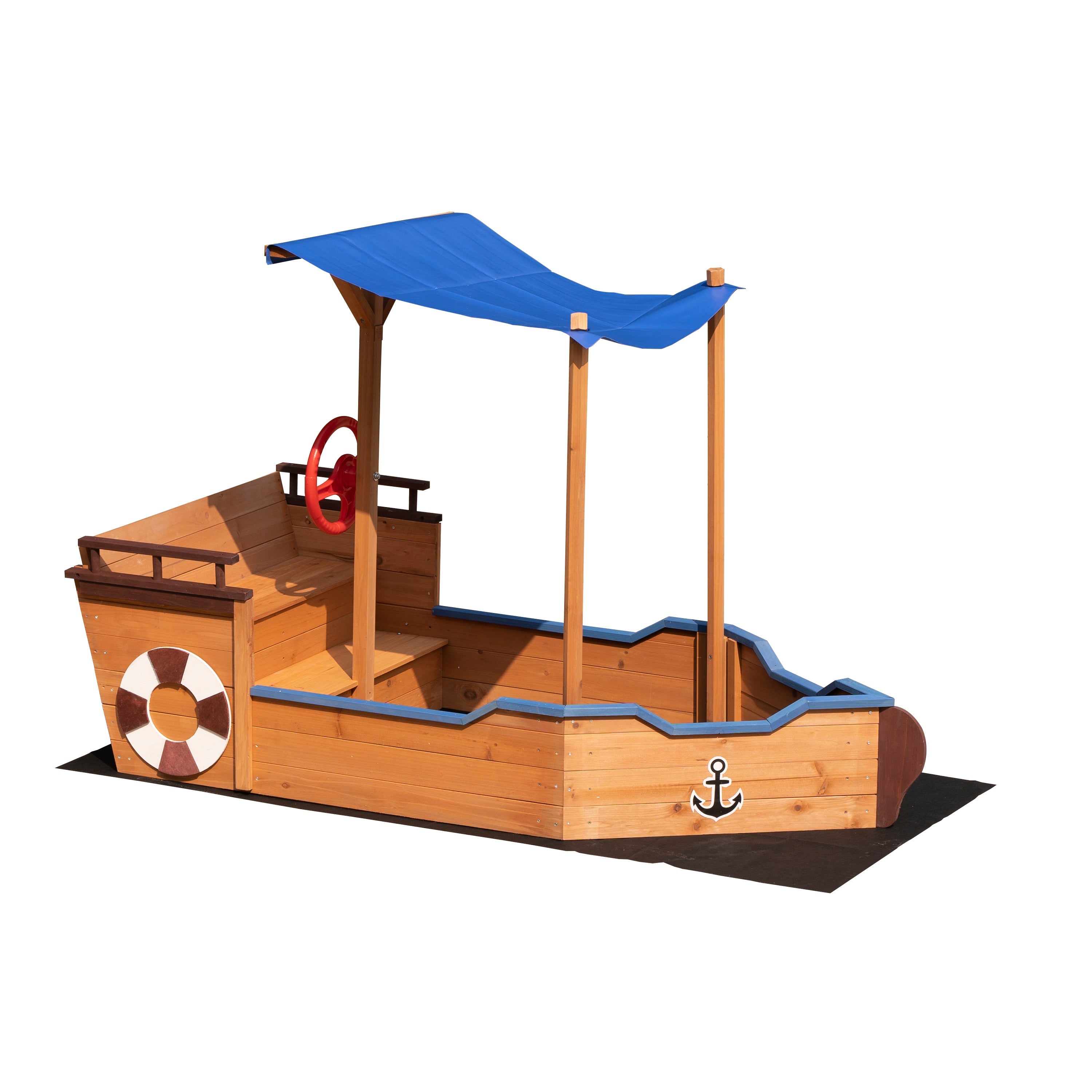 Outsunny Pirate Ship Sandbox with Cover and Rudder, Wooden Sandbox with Storage Bench and Seat, Outdoor Toy for Kids Ages 3-8 Years Old
