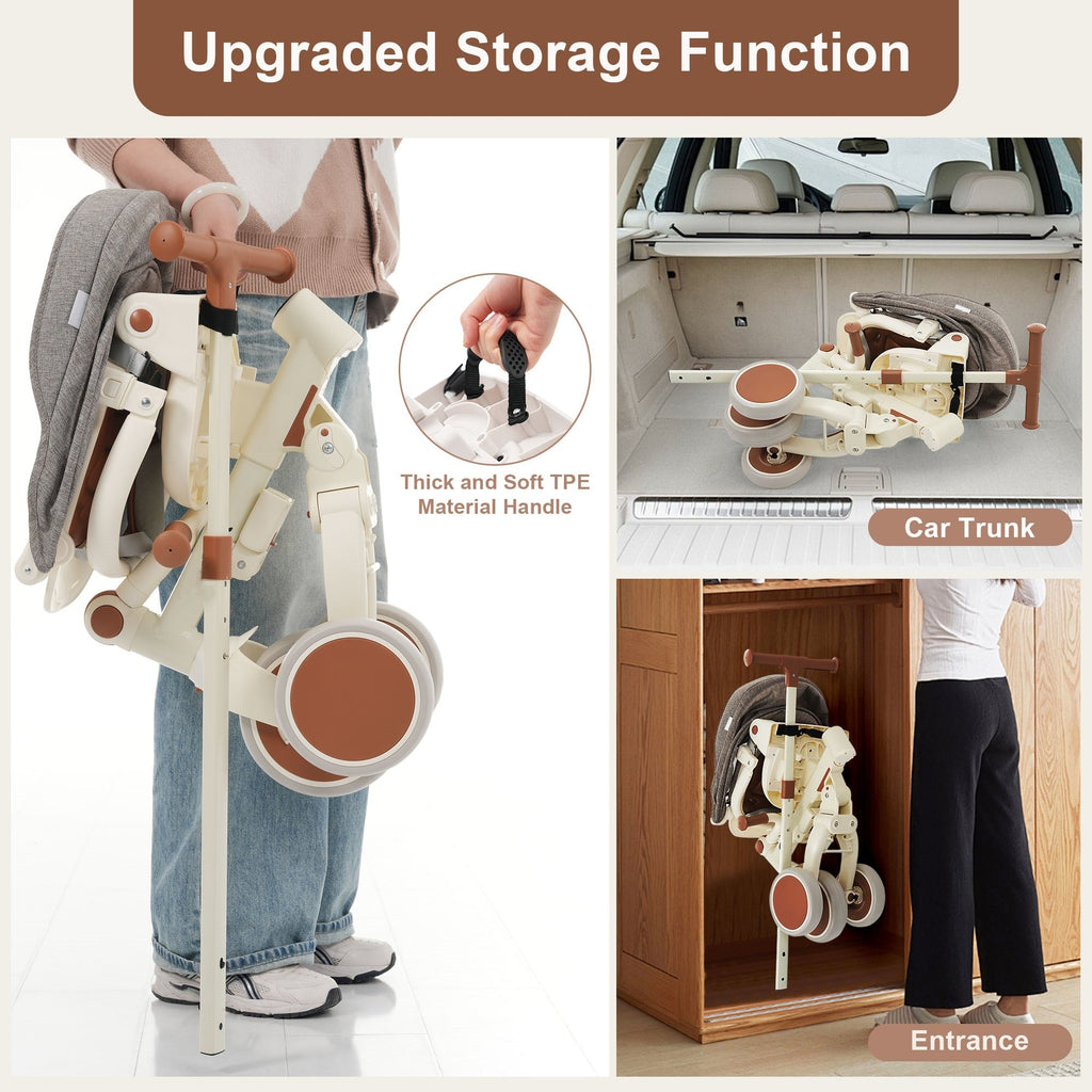 7 in 1 Baby Tricycle, Foldable Toddler Tricycle with Removable and Adjustable Parent Handle, Toddler Push Bike with Removable Pedal, Canopy, and Guardrail, Tricycle for 12-72 Months, ivory and brown