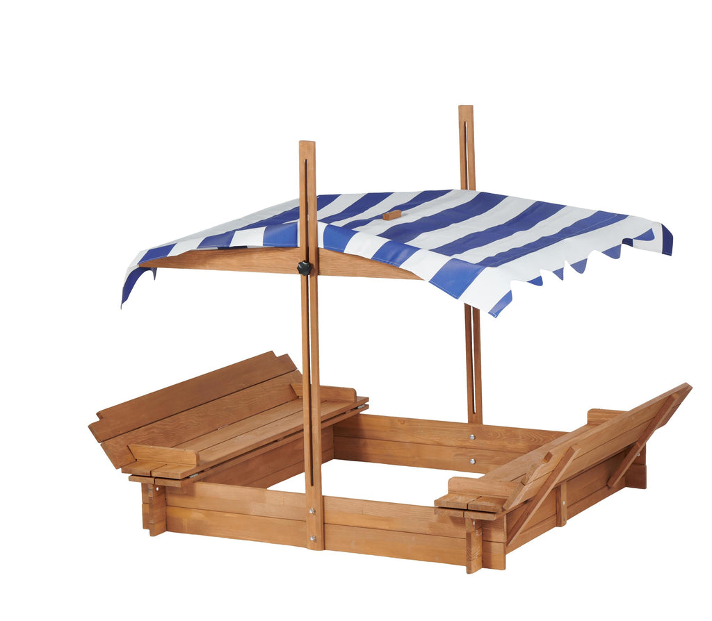 Kids Sandbox with Adjustable Cover, 46'' Wooden Sand Box with 2 Foldable Bench Seats, Outdoor Sandpit for Backyard Play