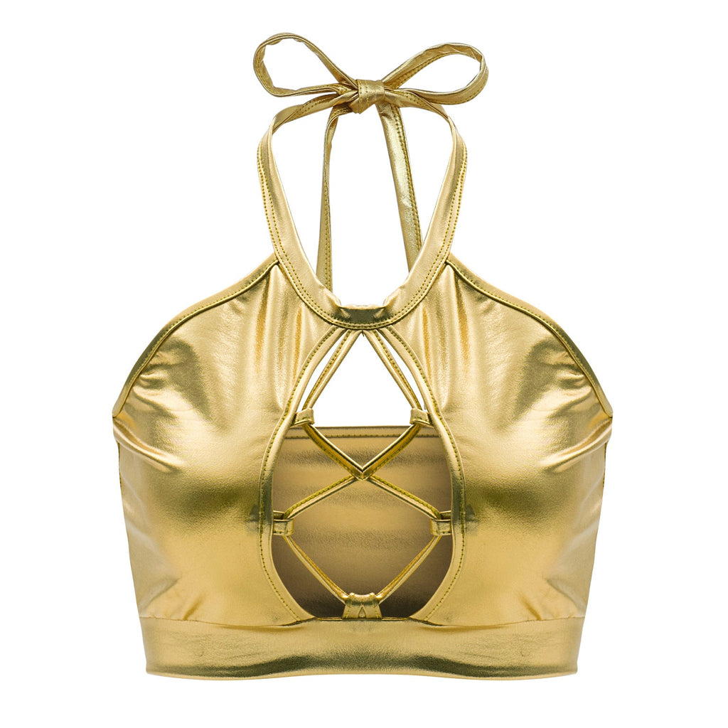 Summer Sexy Slim Fit Halter Spaghetti Straps Vest Strap Hollow Out Cutout out Bright Leather Women Clothing