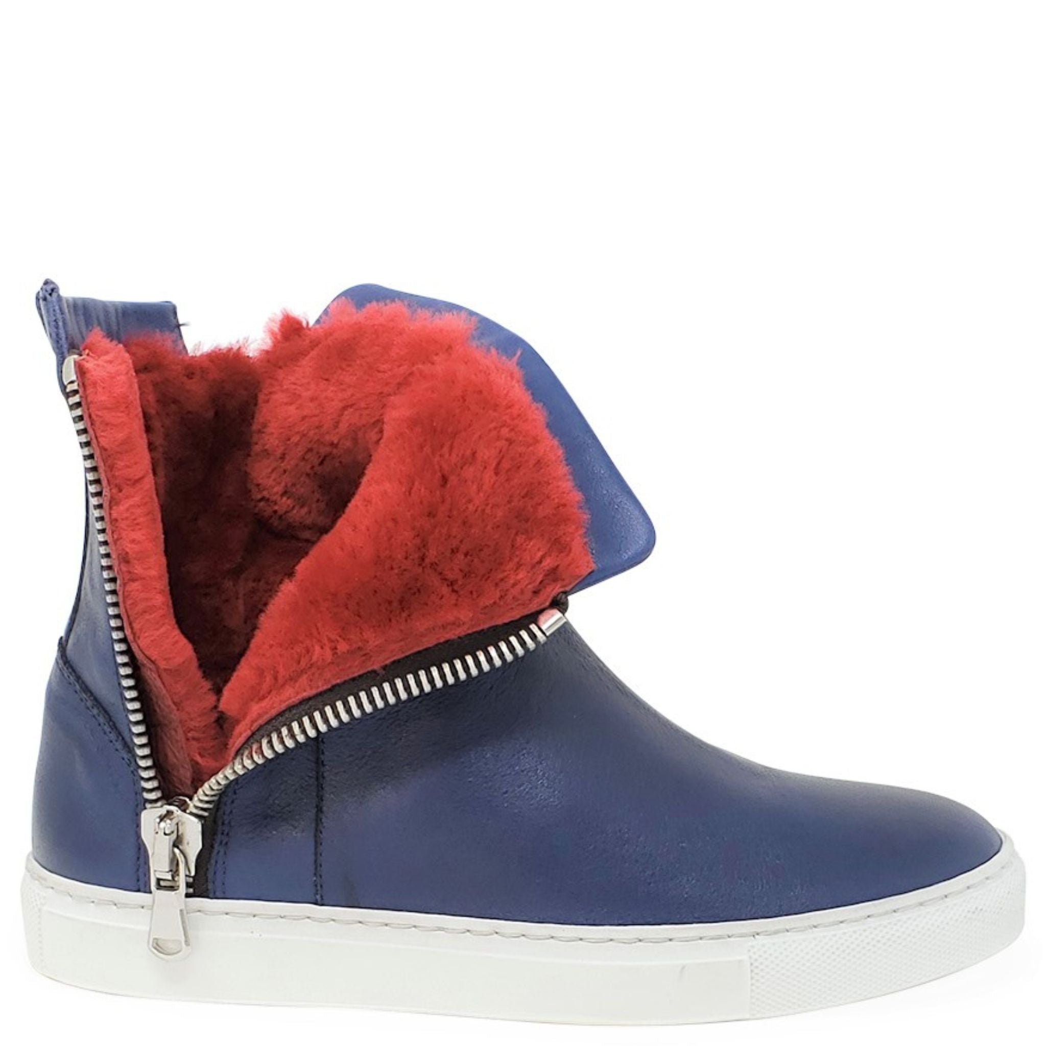 Navy Leather Double Zip Shearling Boot