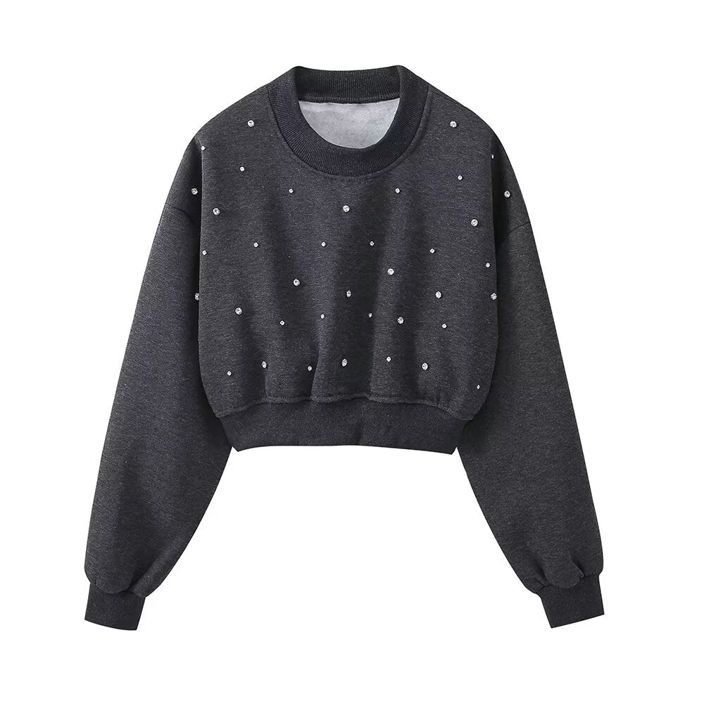 Autumn Women Clothing Sense Jewelry Inlaid Washed Short Sweatshirt