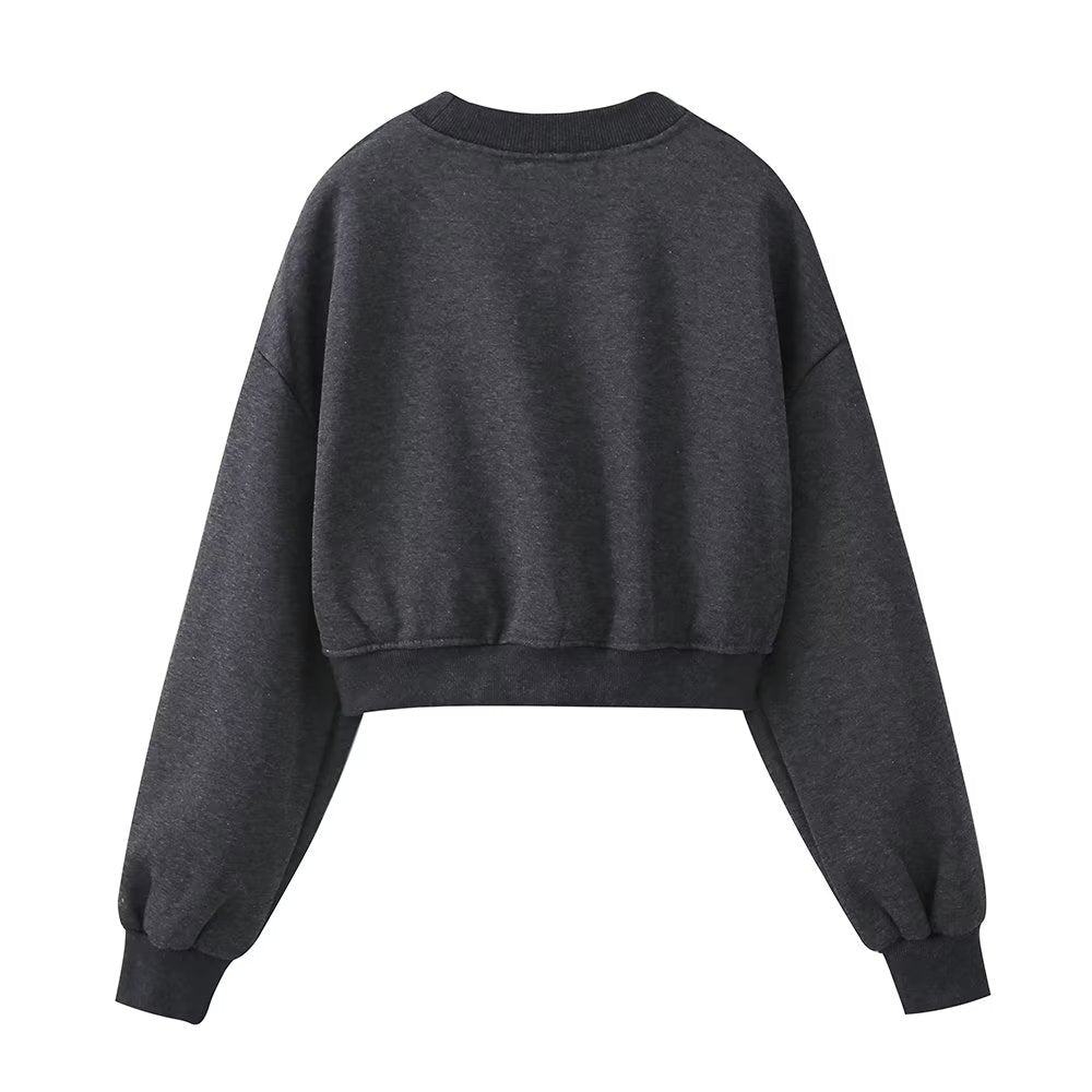 Autumn Women Clothing Sense Jewelry Inlaid Washed Short Sweatshirt