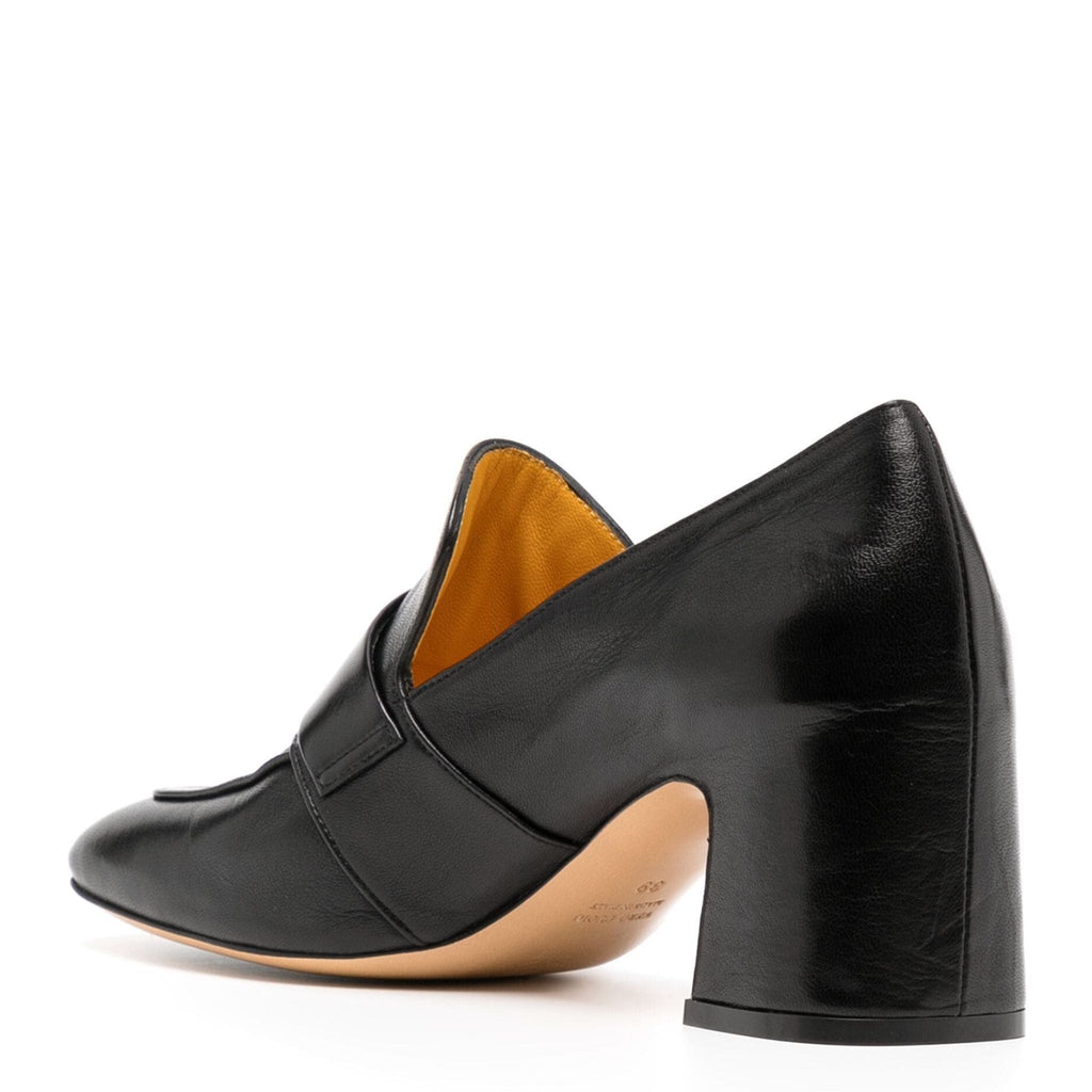 Black Leather Lock Heel Loafer