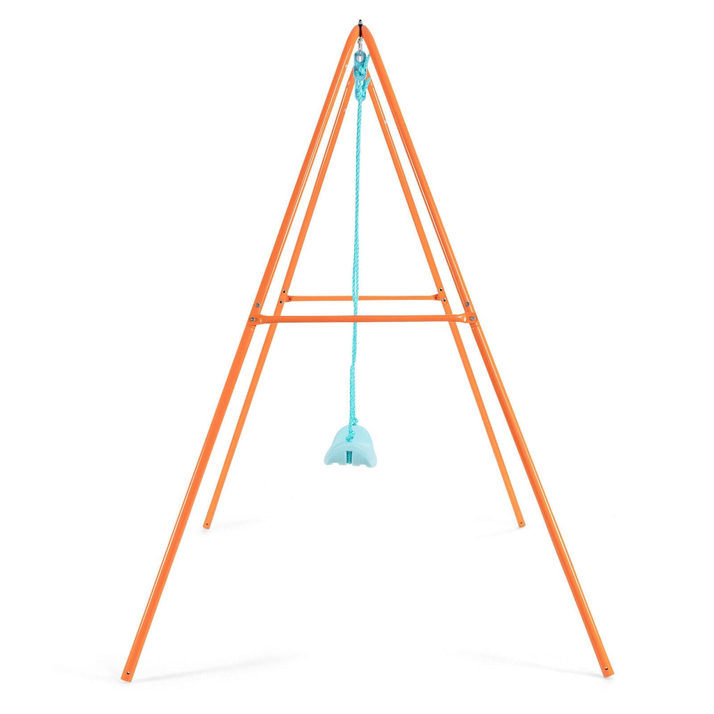 Outdoor Kids Swing Set with Heavy-Duty Metal A-Frame and Ground Stakes-Orange