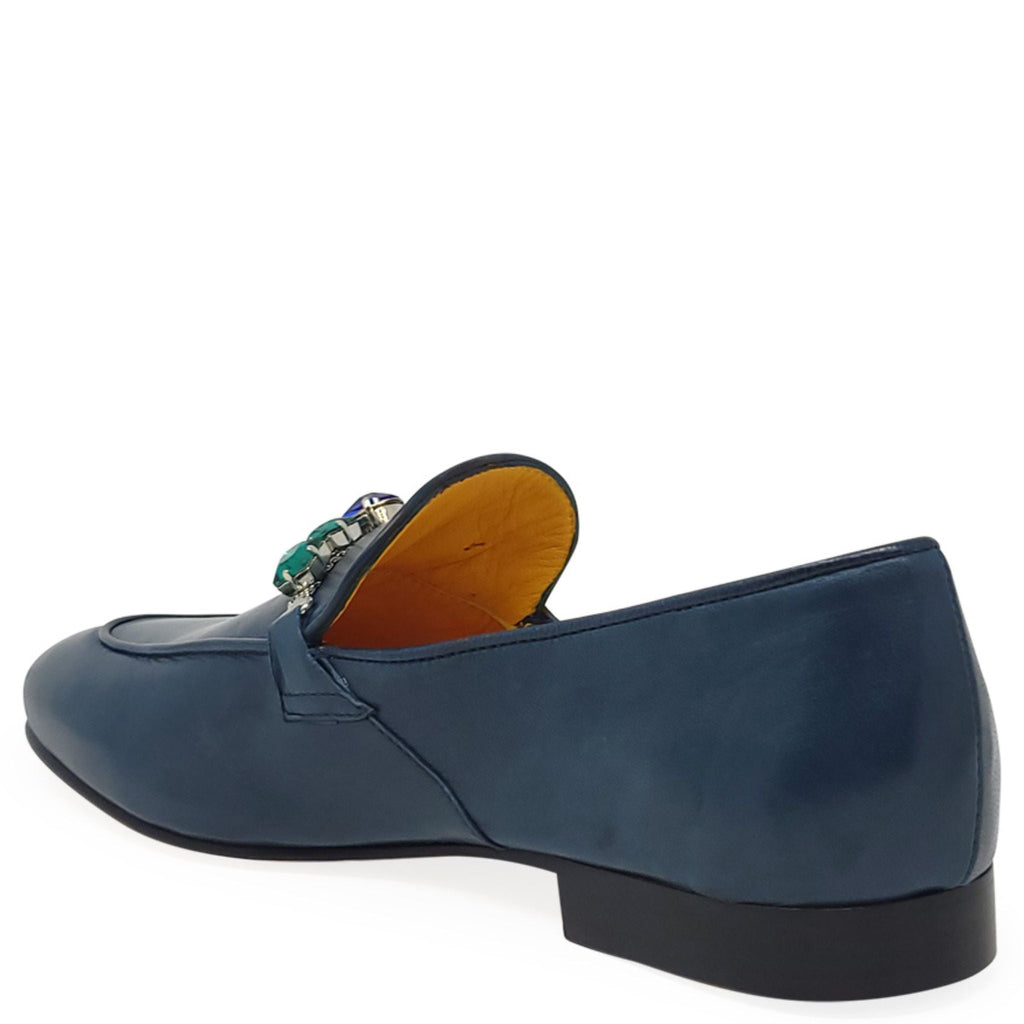 Blue Leather Flat Jeweled Loafer