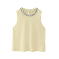 Summer Women Clothing Casual All Match Jewelry Inlaid Plain Stitch Top