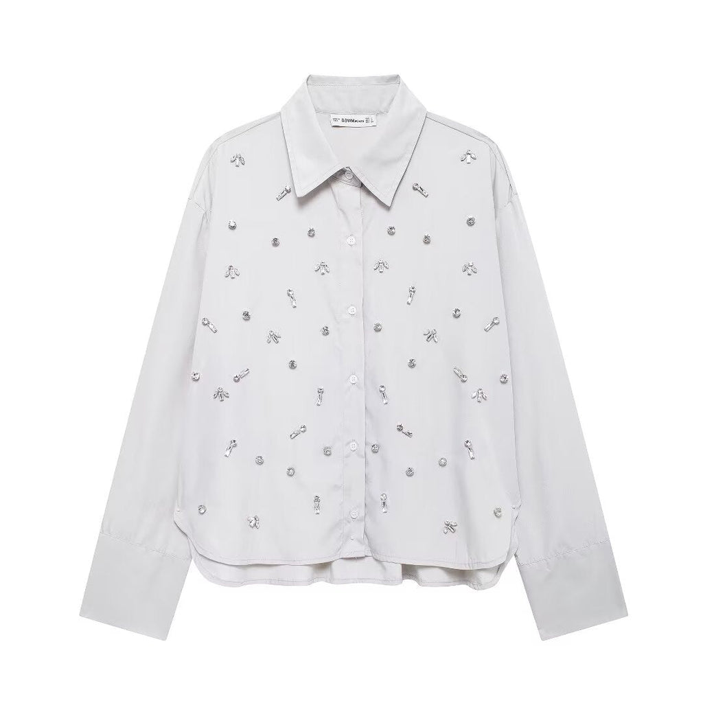 Autumn Artificial Jewelry Decoration Poplin Shirt Casual Shorts Women Suit