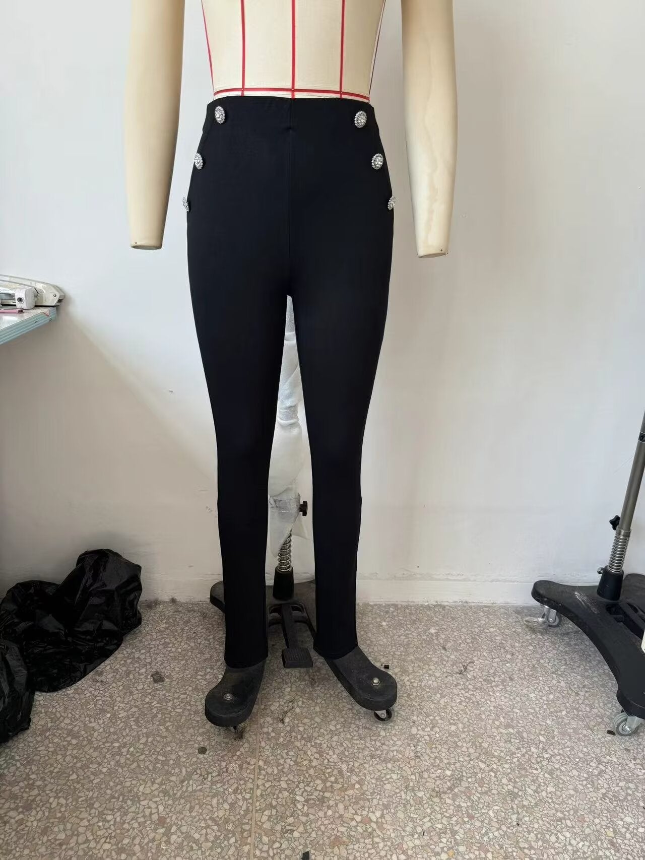 Autumn Women Clothing Jewelry Decorated Row Button Mid Waist Bottoming Trousers