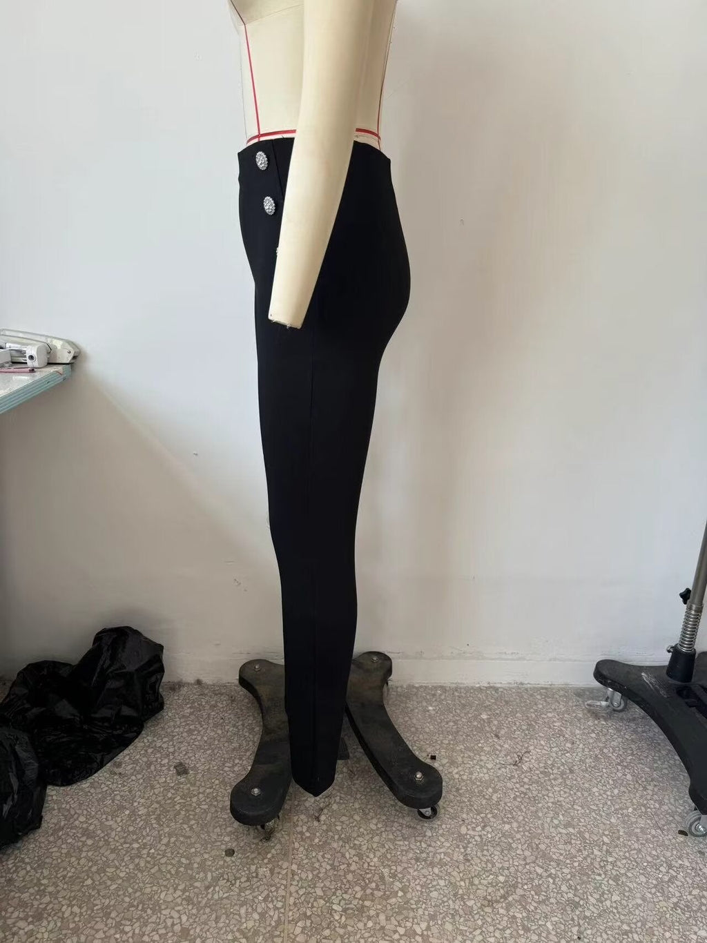 Autumn Women Clothing Jewelry Decorated Row Button Mid Waist Bottoming Trousers