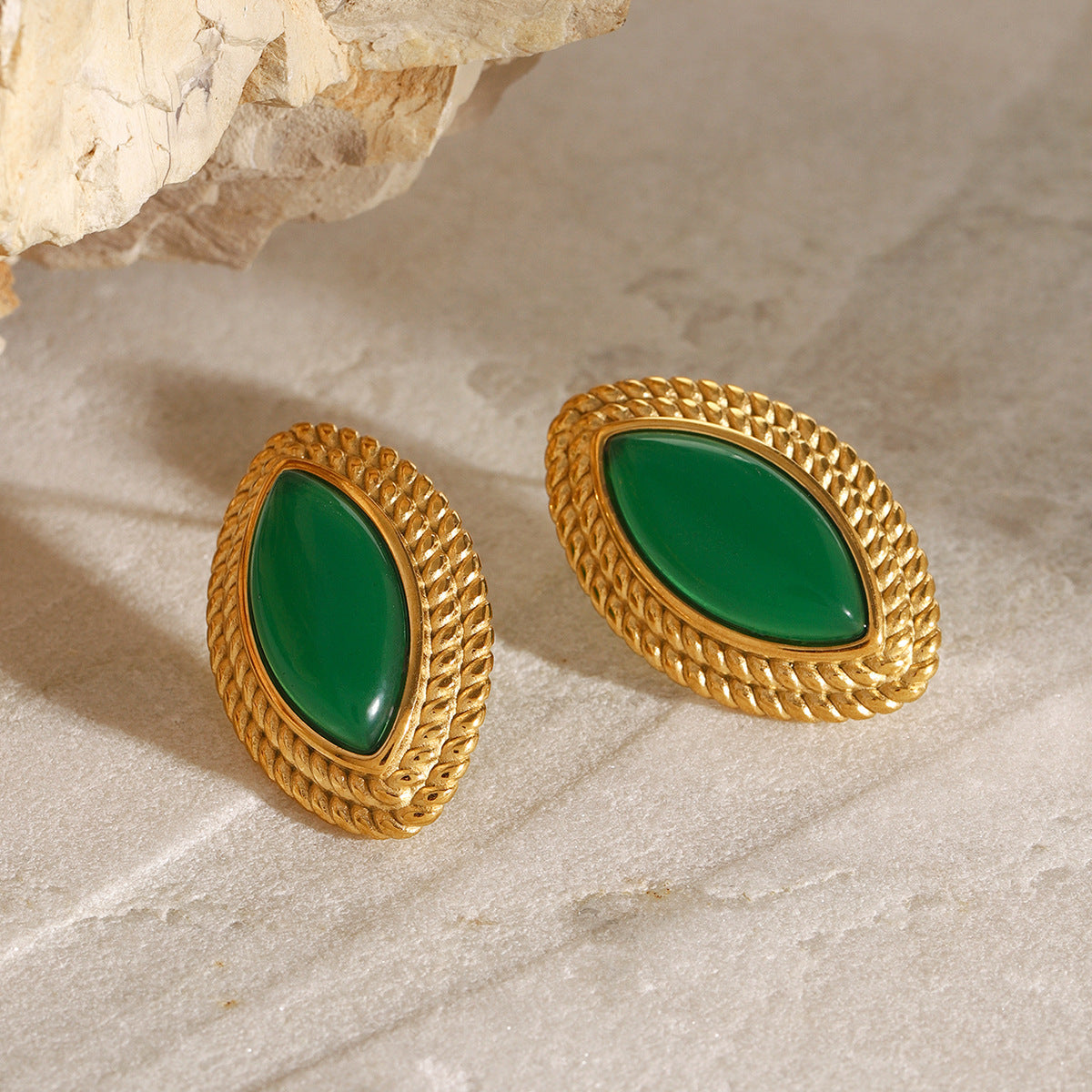 Stainless Steel Natural Stone Emerald Earrings High Grade Niche Middle Ancient Earrings Titanium Steel Earrings