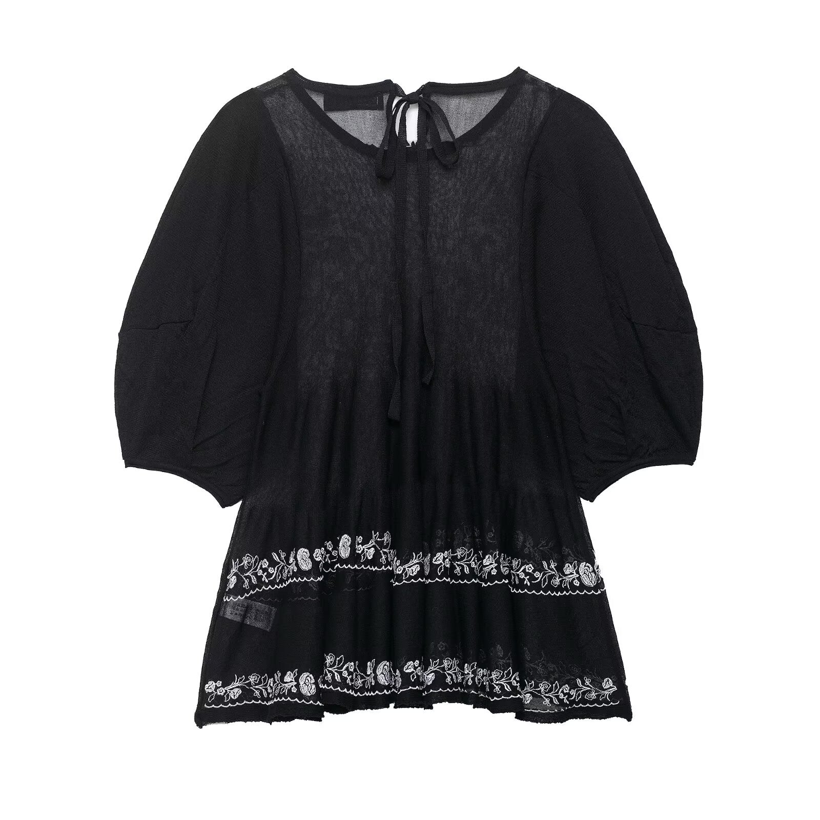 Women Clothing Summer round Neck Embroidered Translucent Long Sleeve Shirt Top Women