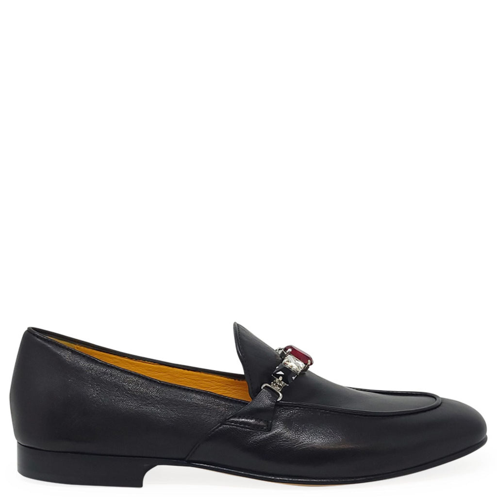 Black Leather Flat Jeweled Loafer