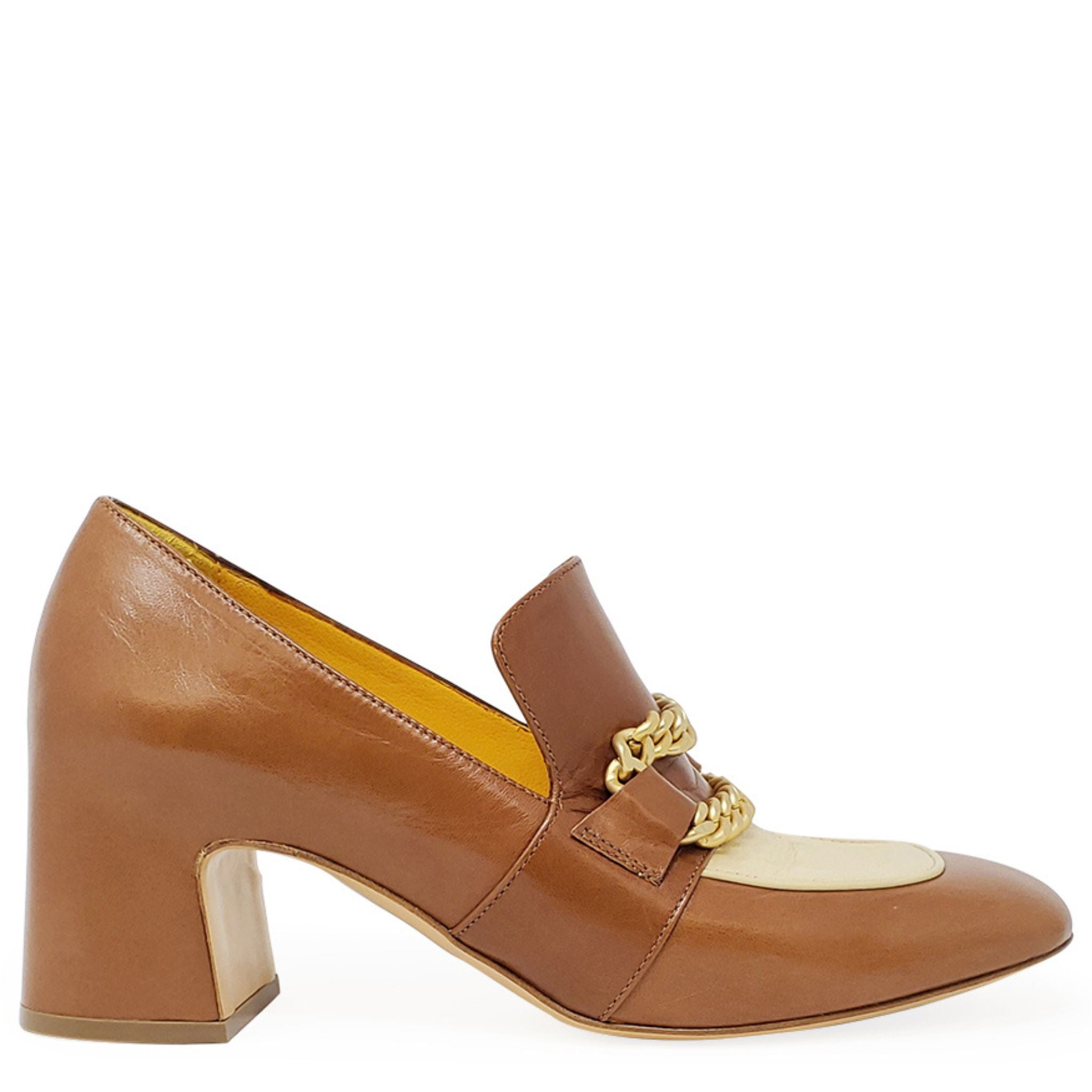 Tan & Cream Leather Mid Heel Loafer W/Chain