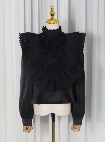 Sweet Design Blouse Women Winter Pleated Hollow Out Cutout out Sequin High Grade Long Sleeved Shirt