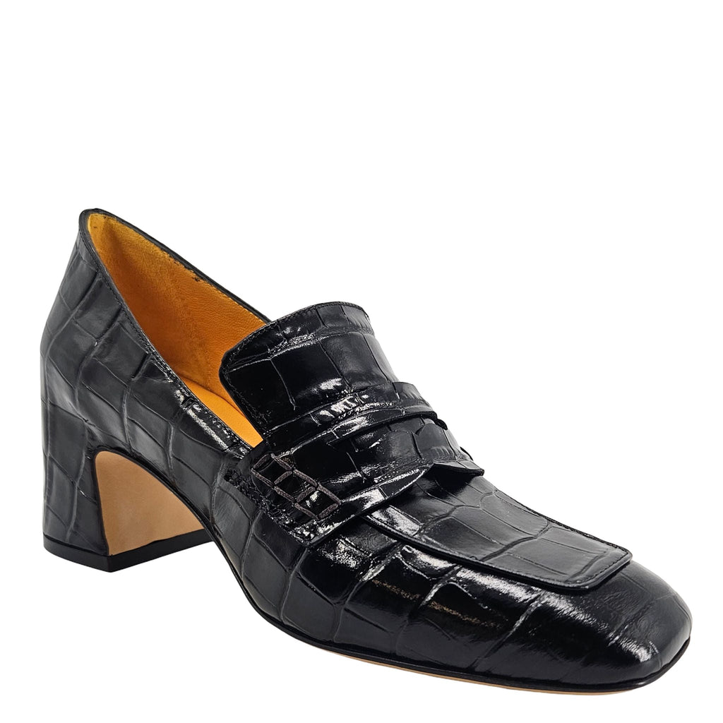 Black Leather Heel Moc Croc Leather Loafer