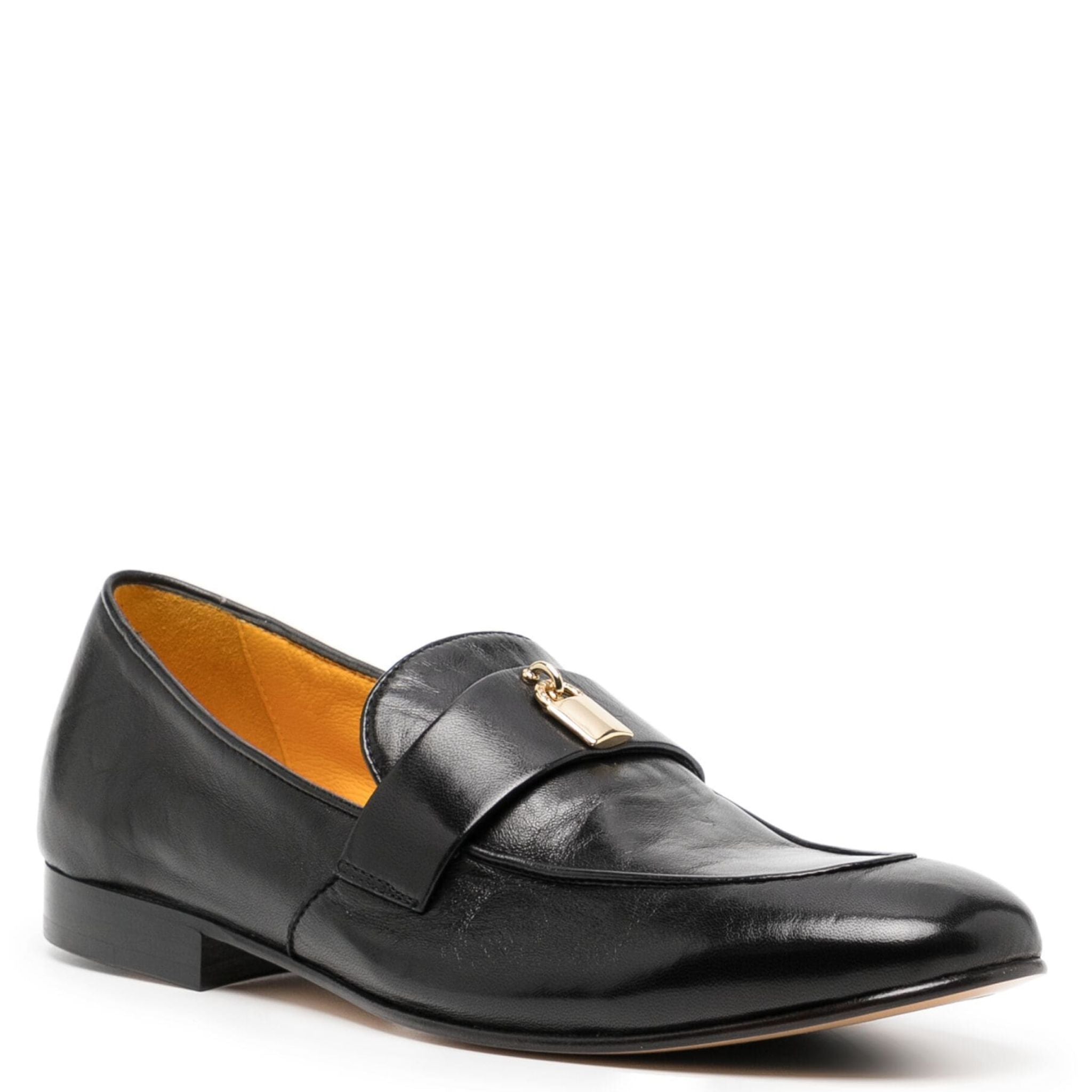 Black Leather Lock Flat Loafer