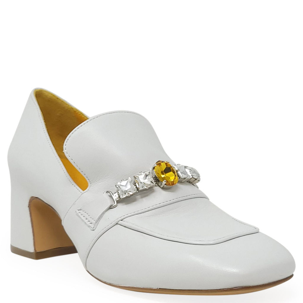 White Leather Mid Heel Jeweled Loafer