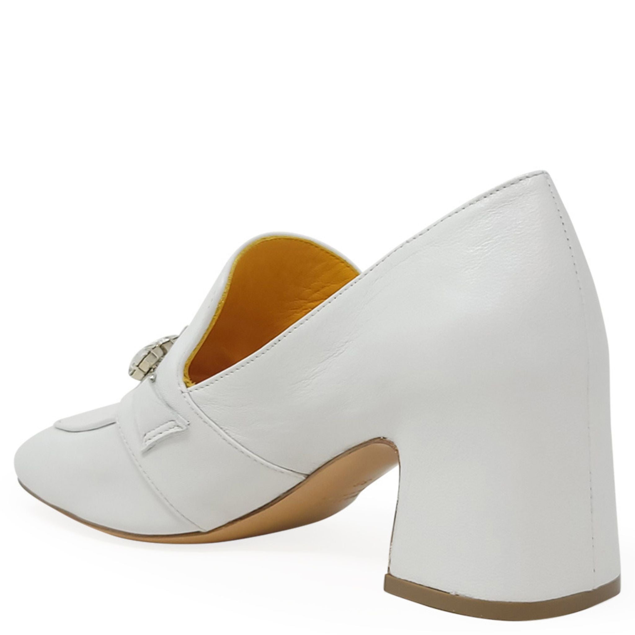 White Leather Mid Heel Jeweled Loafer