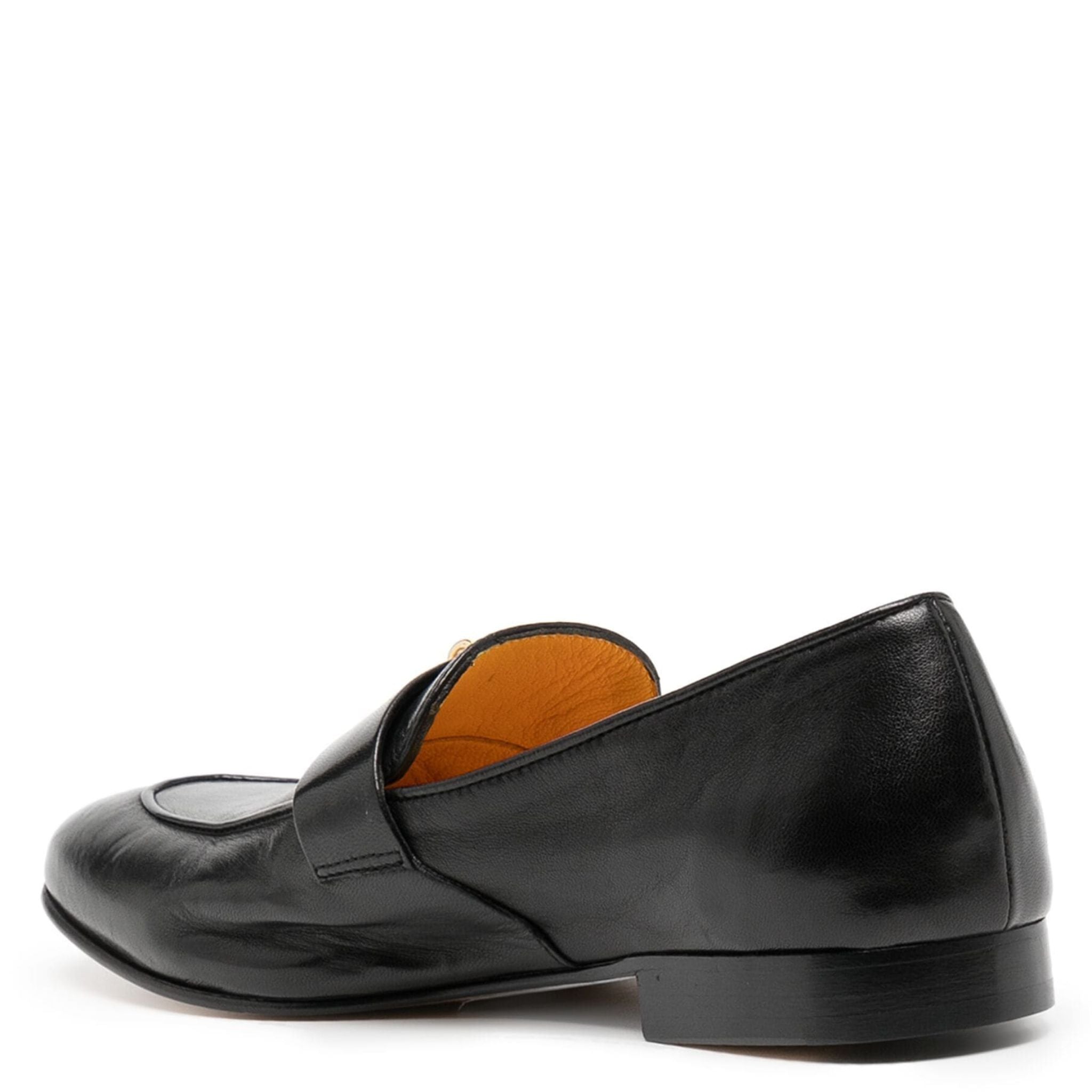 Black Leather Lock Flat Loafer