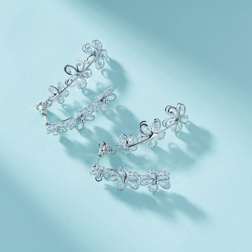 SILVER FLOWER HOOP EARRINGS (PAIR)