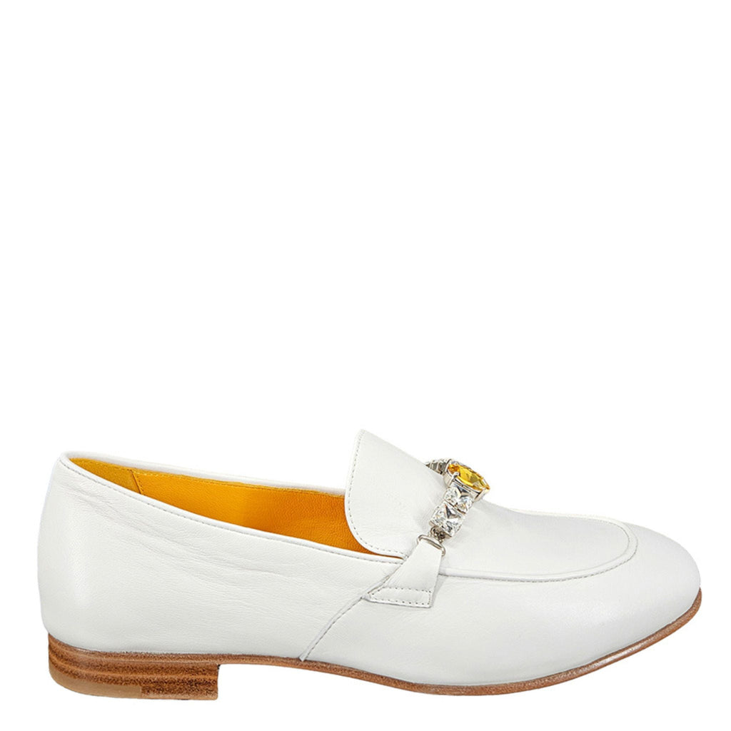 White Leather Flat Jeweled Loafer
