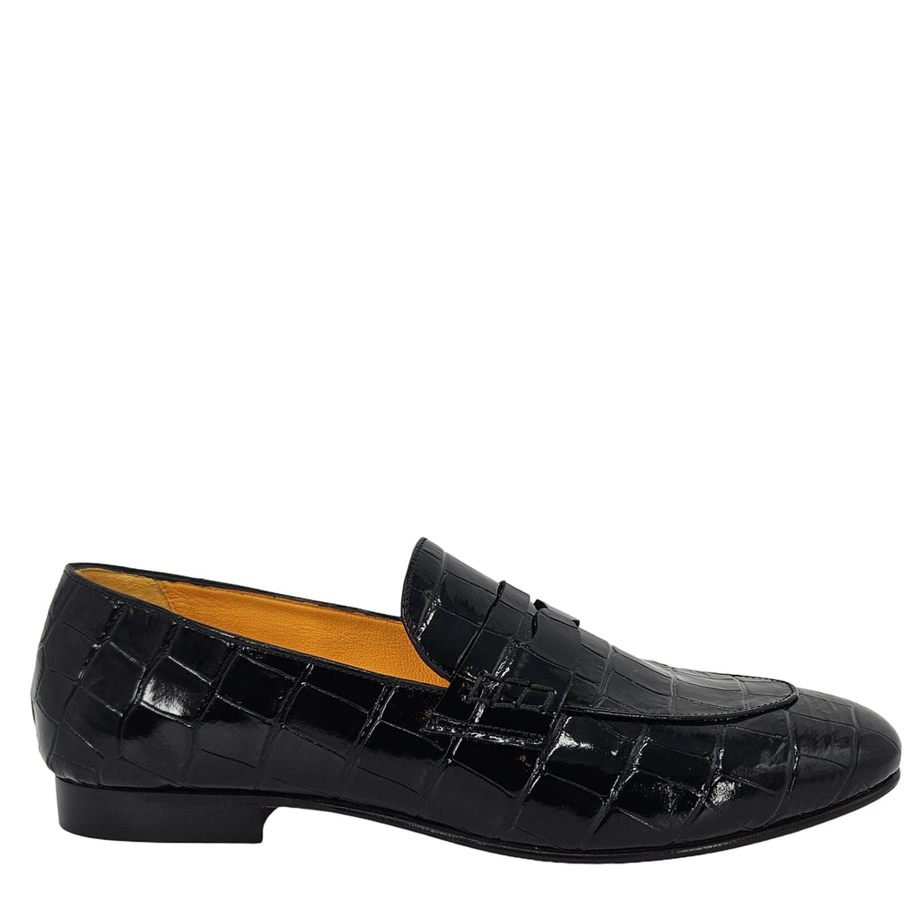 Black Leather Flat Moc Croc Leather Loafer