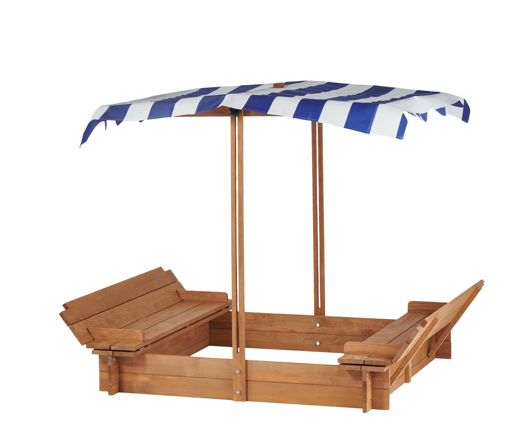 Kids Sandbox with Adjustable Cover, 46'' Wooden Sand Box with 2 Foldable Bench Seats, Outdoor Sandpit for Backyard Play