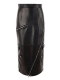 Alexander Mcqueen Women Long Black Skirt With Zip Embellishment In Smooth Leather Woman