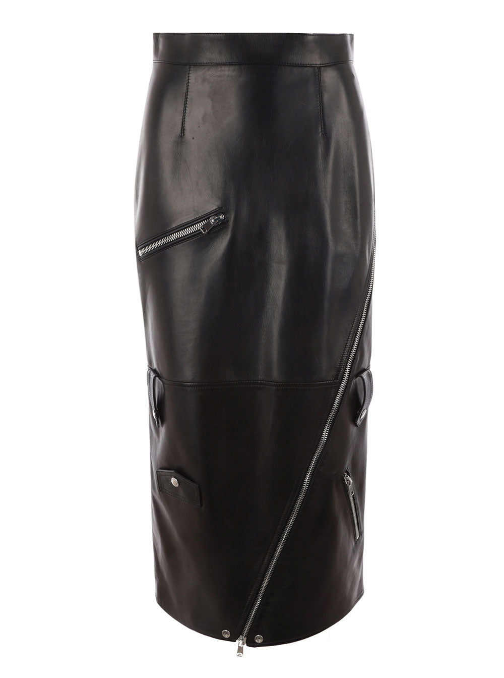 Alexander Mcqueen Women Long Black Skirt With Zip Embellishment In Smooth Leather Woman