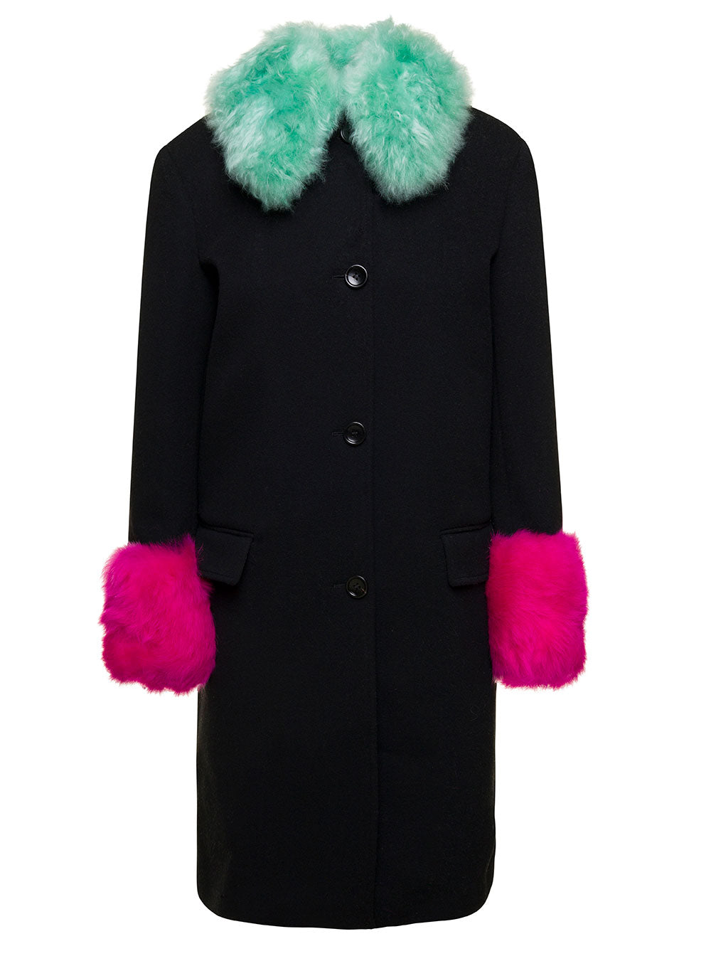 Gucci Women Black Single-Breasted Coat With Detachable Shearling Collar And Cuff In Wool And Cashmere Woman