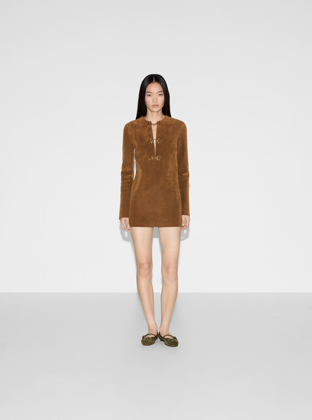Gucci Women Brown Dress With Front Horsebit Details And All-Over Gg Motif In Suede Woman