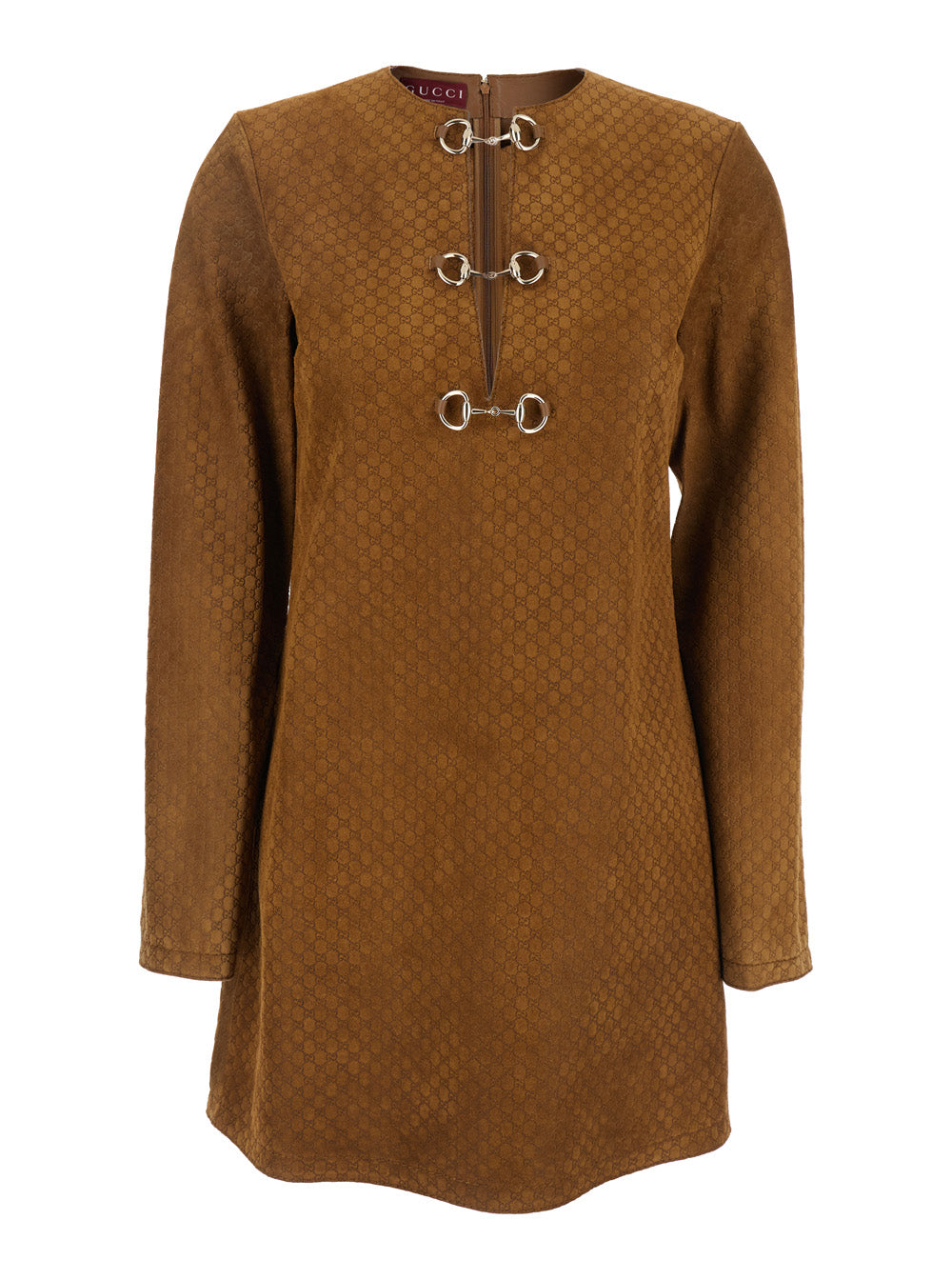 Gucci Women Brown Dress With Front Horsebit Details And All-Over Gg Motif In Suede Woman