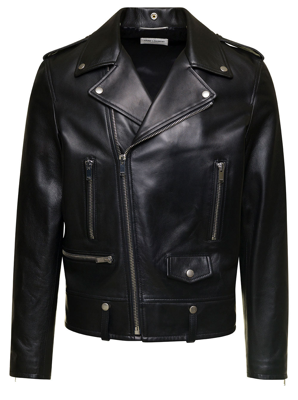 Saint Laurent Men Black Biker Jacket With Zipped Pockets In Smooth Leather Man