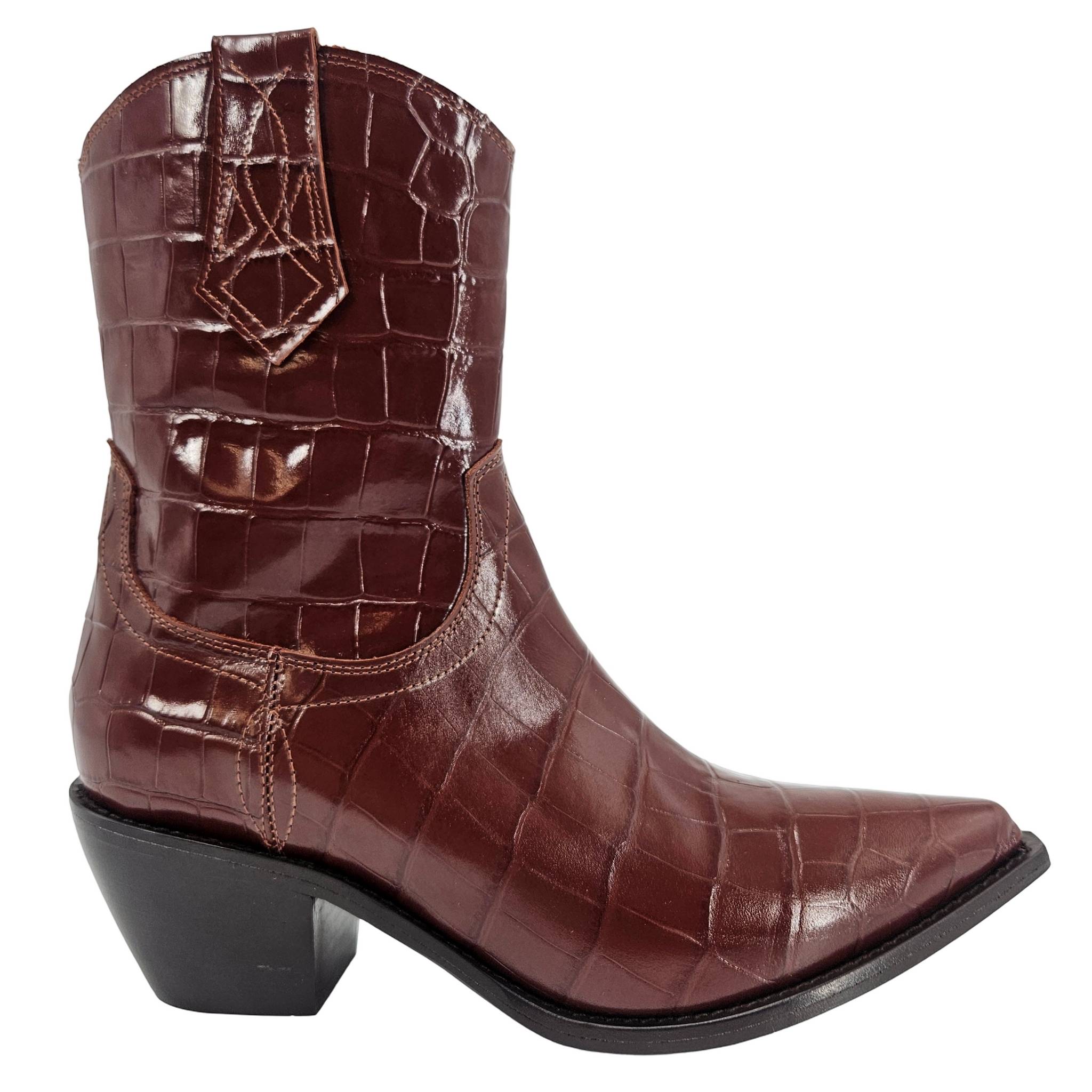 Chocolate Leather Croc Embossed Pointy  Ankle Boot