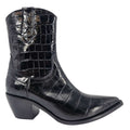 Black Leather Croc Embossed Pointy Ankle Boot