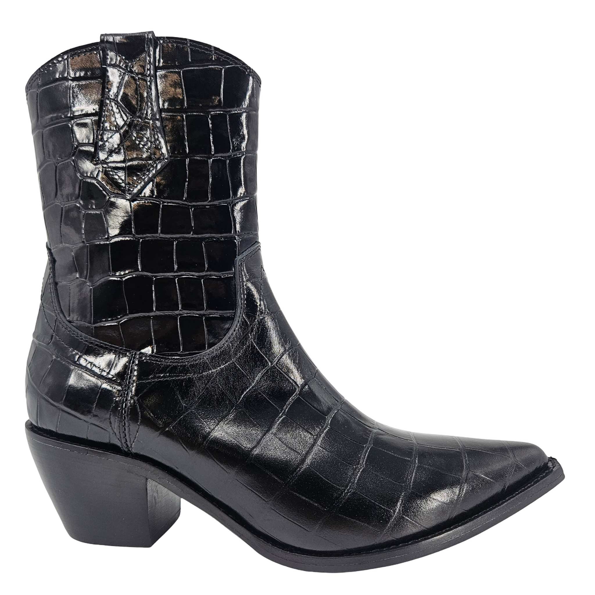 Black Leather Croc Embossed Pointy Ankle Boot