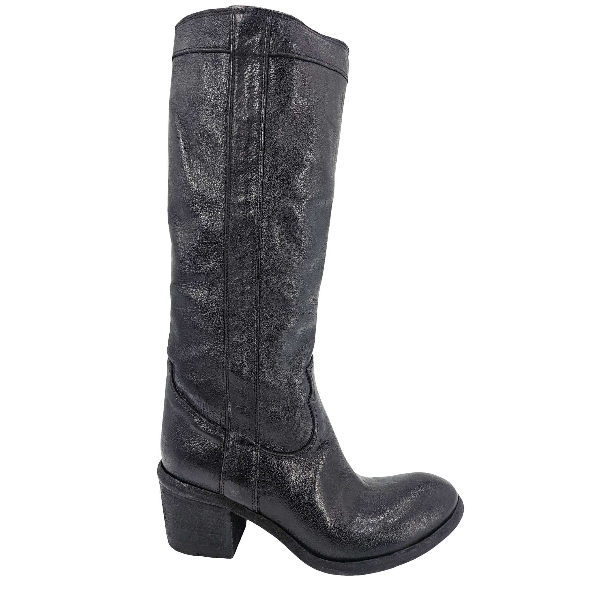 Black Leather Knee-High Pull-on Boot
