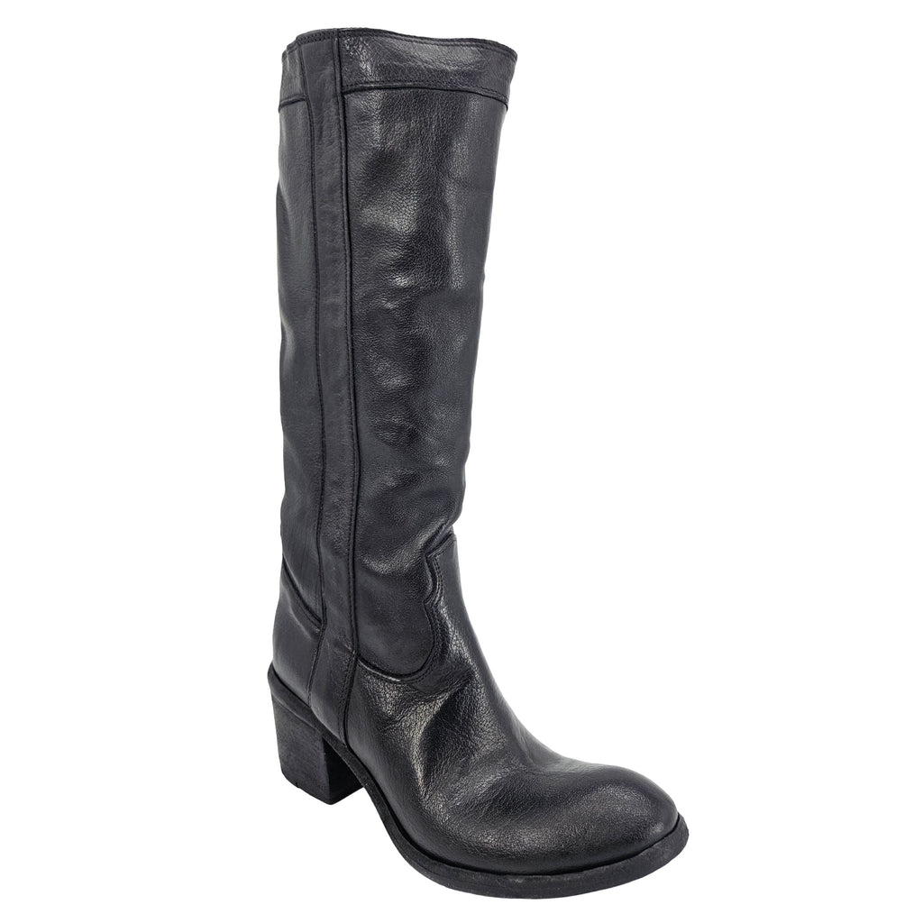 Black Leather Knee-High Pull-on Boot