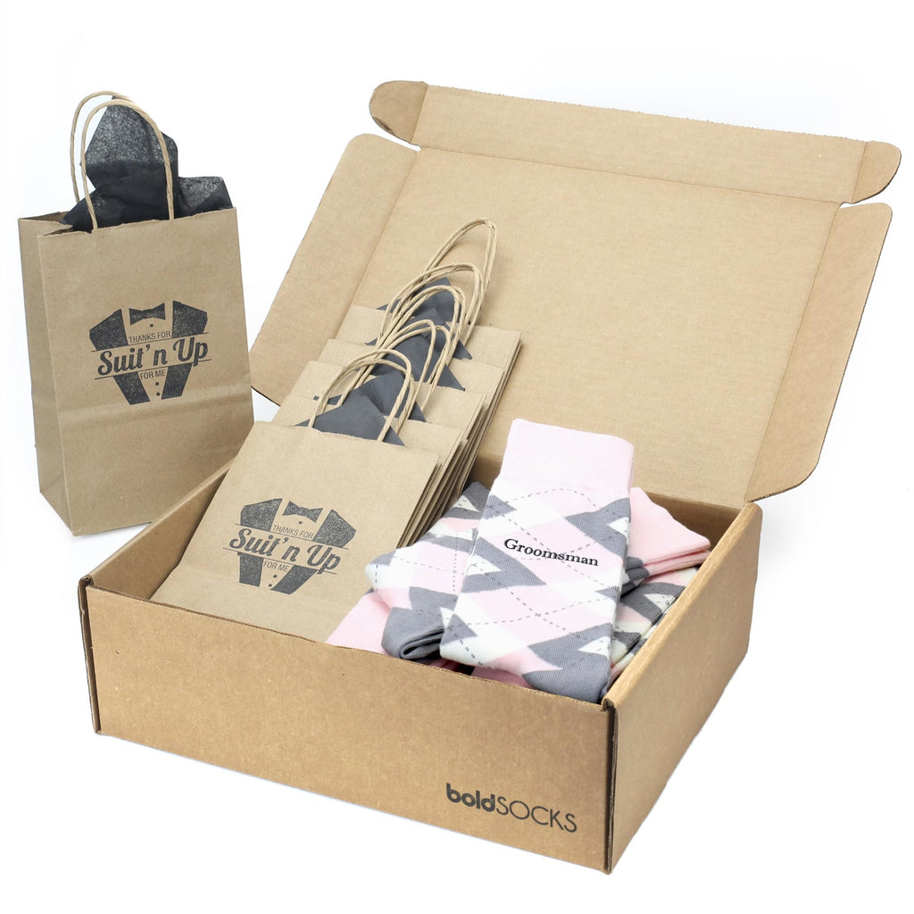 Customizable Groomsmen Gift Set Blush Light Pink Gray Argyle Men’s Dress Socks
