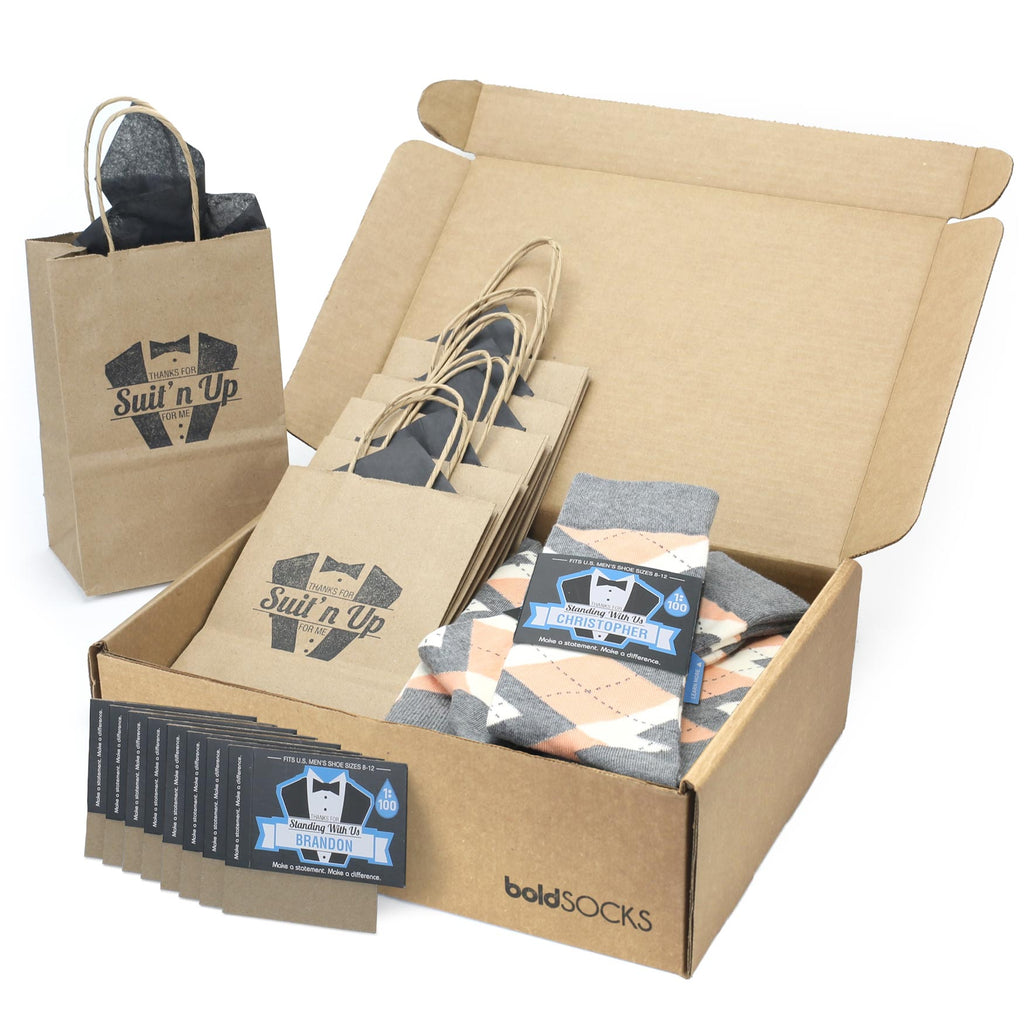 Customizable Groomsmen Gift Set Peach Gray Argyle Men’s Dress Socks