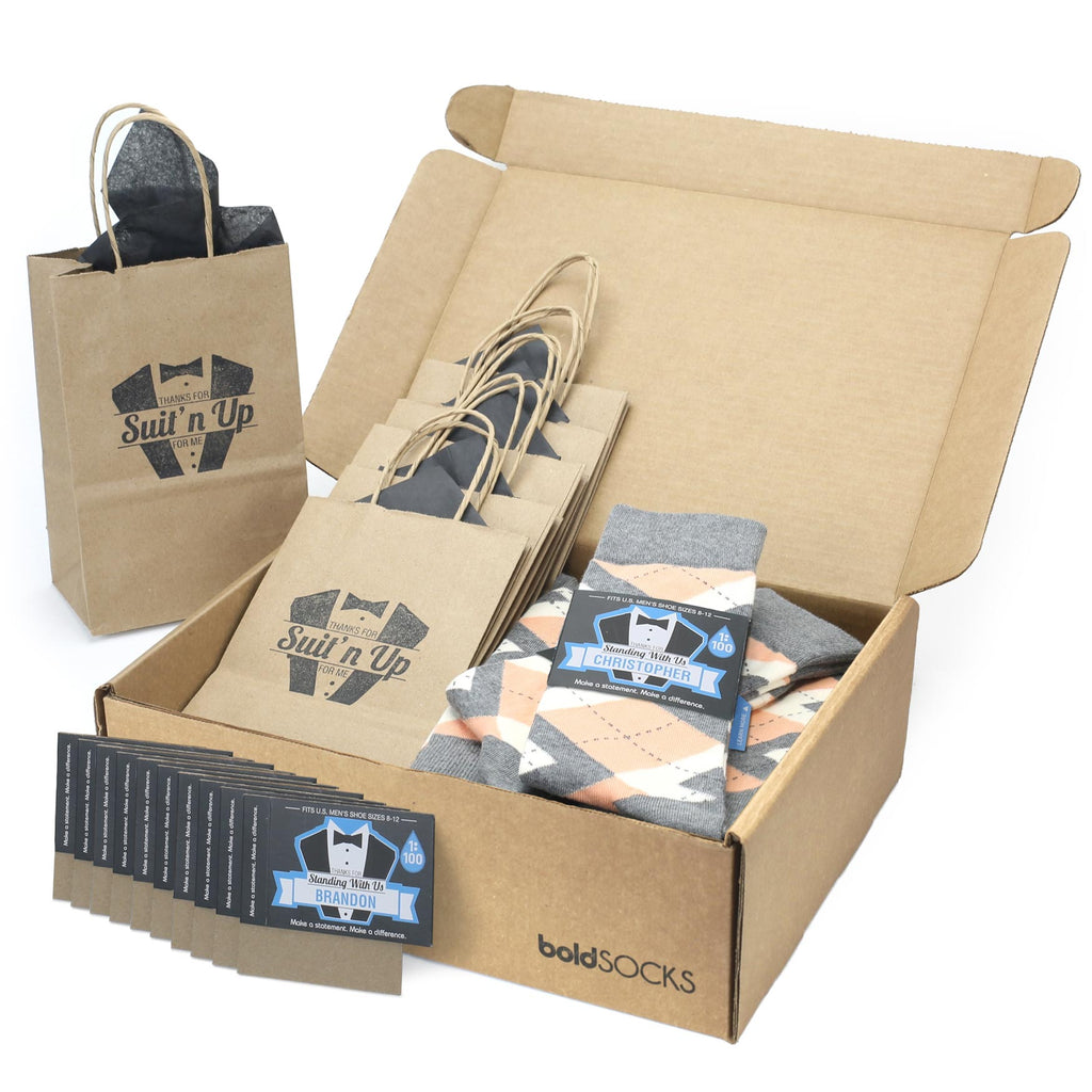 Customizable Groomsmen Gift Set Peach Gray Argyle Men’s Dress Socks