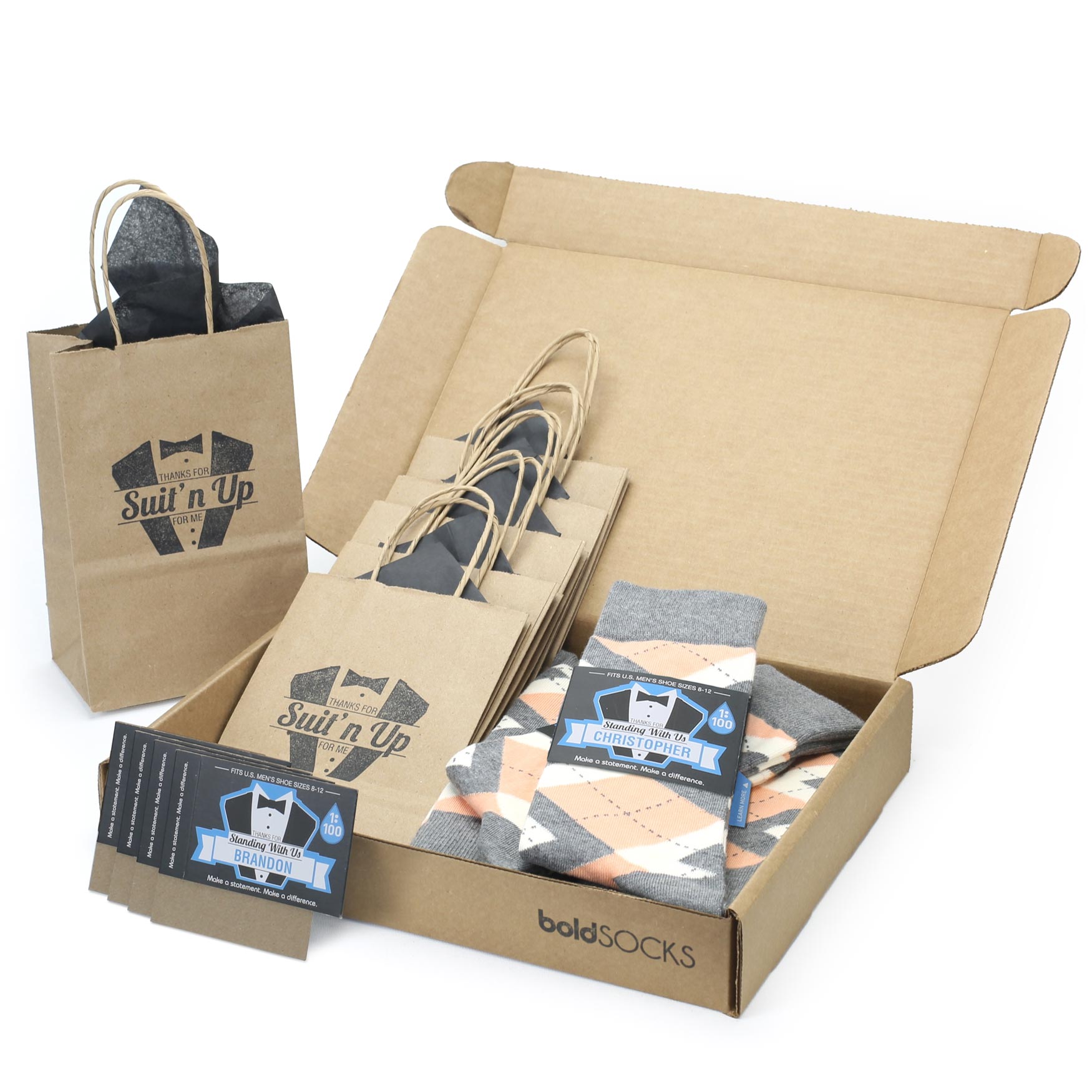 Customizable Groomsmen Gift Set Peach Gray Argyle Men’s Dress Socks