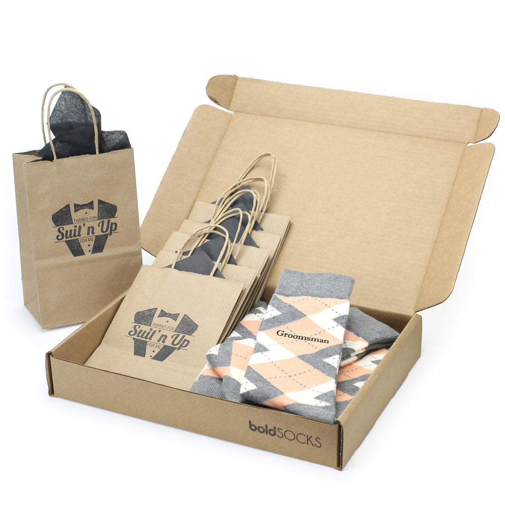 Customizable Groomsmen Gift Set Peach Gray Argyle Men’s Dress Socks