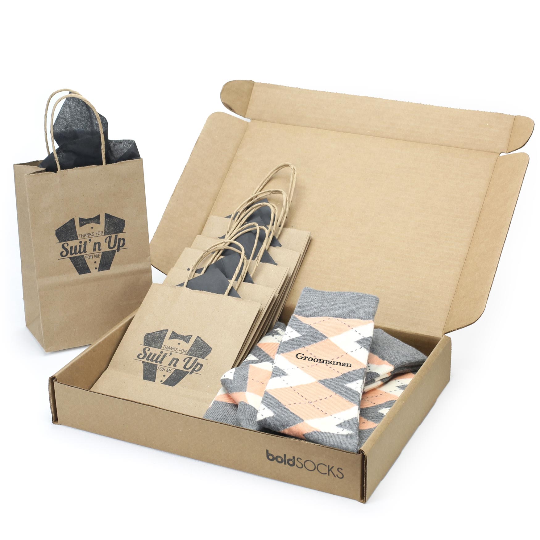 Customizable Groomsmen Gift Set Peach Gray Argyle Men’s Dress Socks