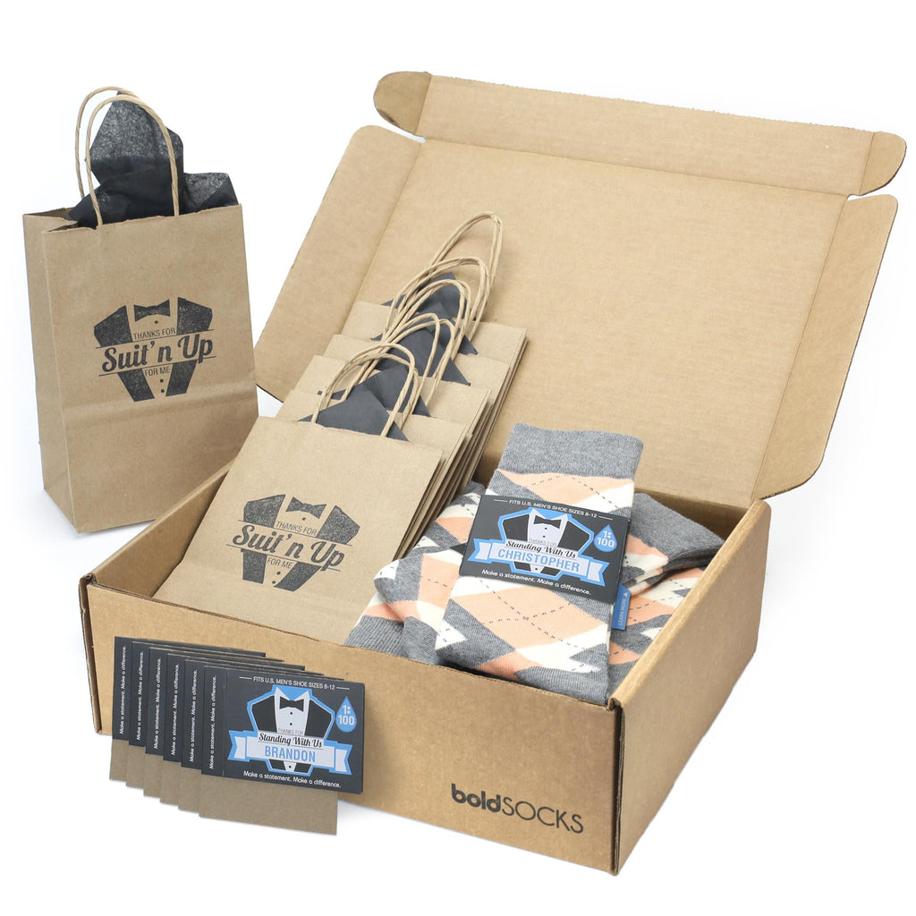 Customizable Groomsmen Gift Set Peach Gray Argyle Men’s Dress Socks