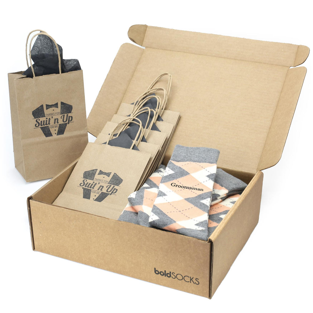 Customizable Groomsmen Gift Set Peach Gray Argyle Men’s Dress Socks