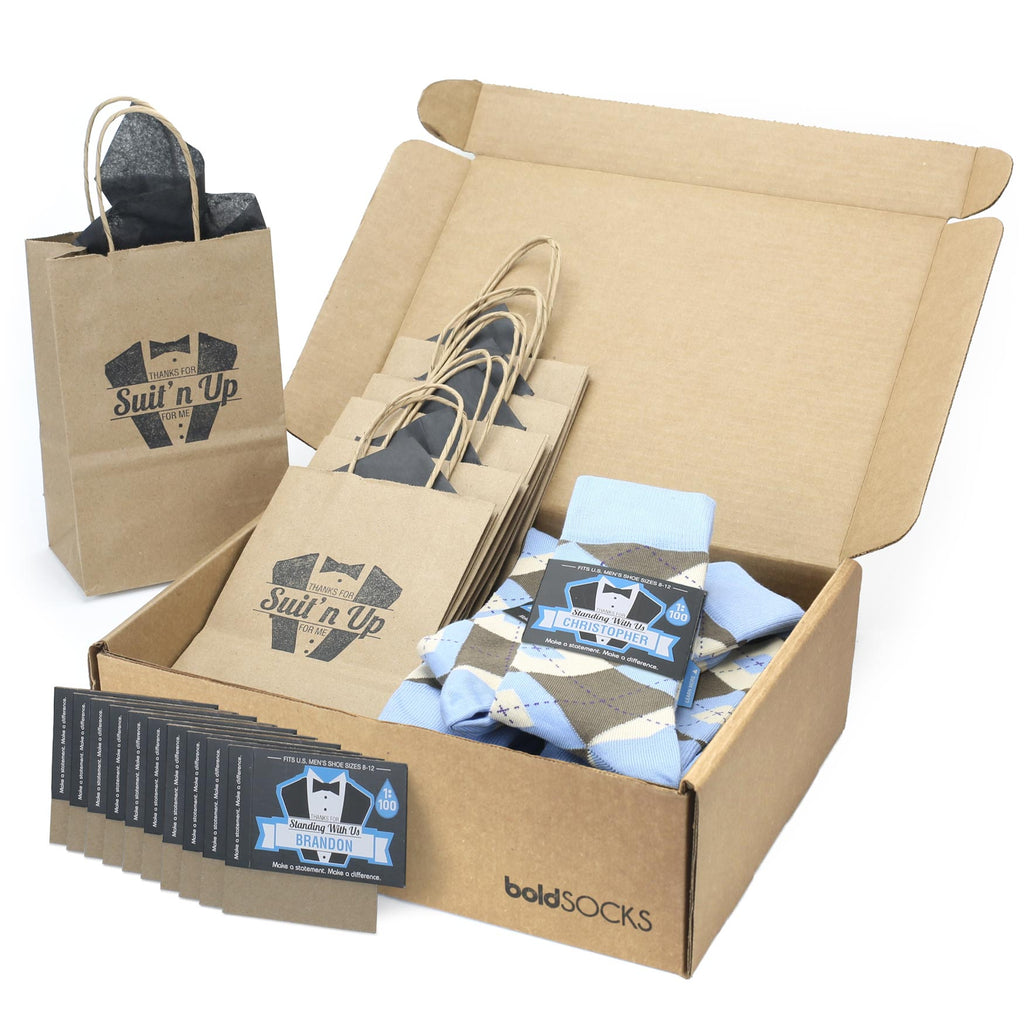Customizable Groomsmen Gift Set Light Blue Brown Argyle Men’s Dress Socks