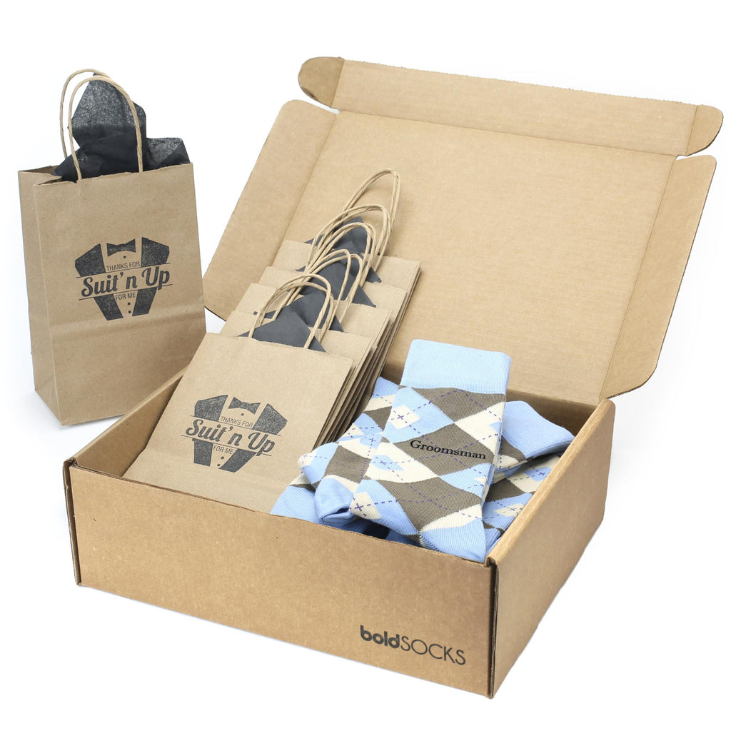 Customizable Groomsmen Gift Set Light Blue Brown Argyle Men’s Dress Socks